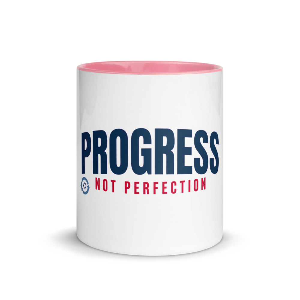 Progress Not Perfection Kaizen Mug - Navy on Pink Inside